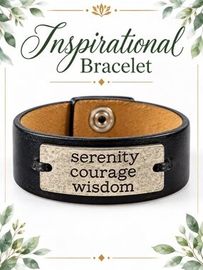 Black Leather Inspirational Bracelet with Metal Plate - Serenity Courage Wisdom